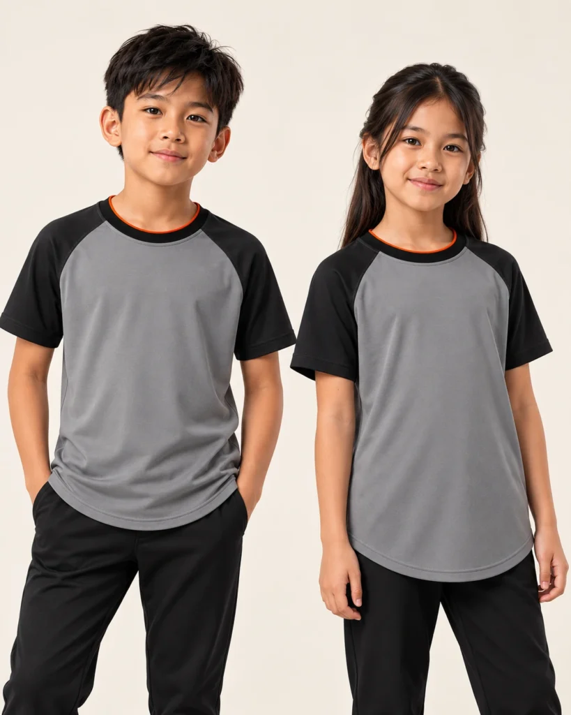 Kids Roundneck Raglan Curve Hem — Roundneck, Raglan, Curve Hem. AI illustration, not an actual sewn sample.