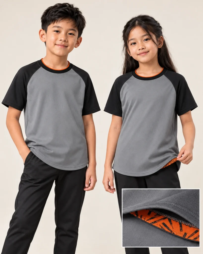 Kids Roundneck Raglan Premium Hem — Roundneck, Raglan, Premium Hem. AI illustration, not an actual sewn sample.