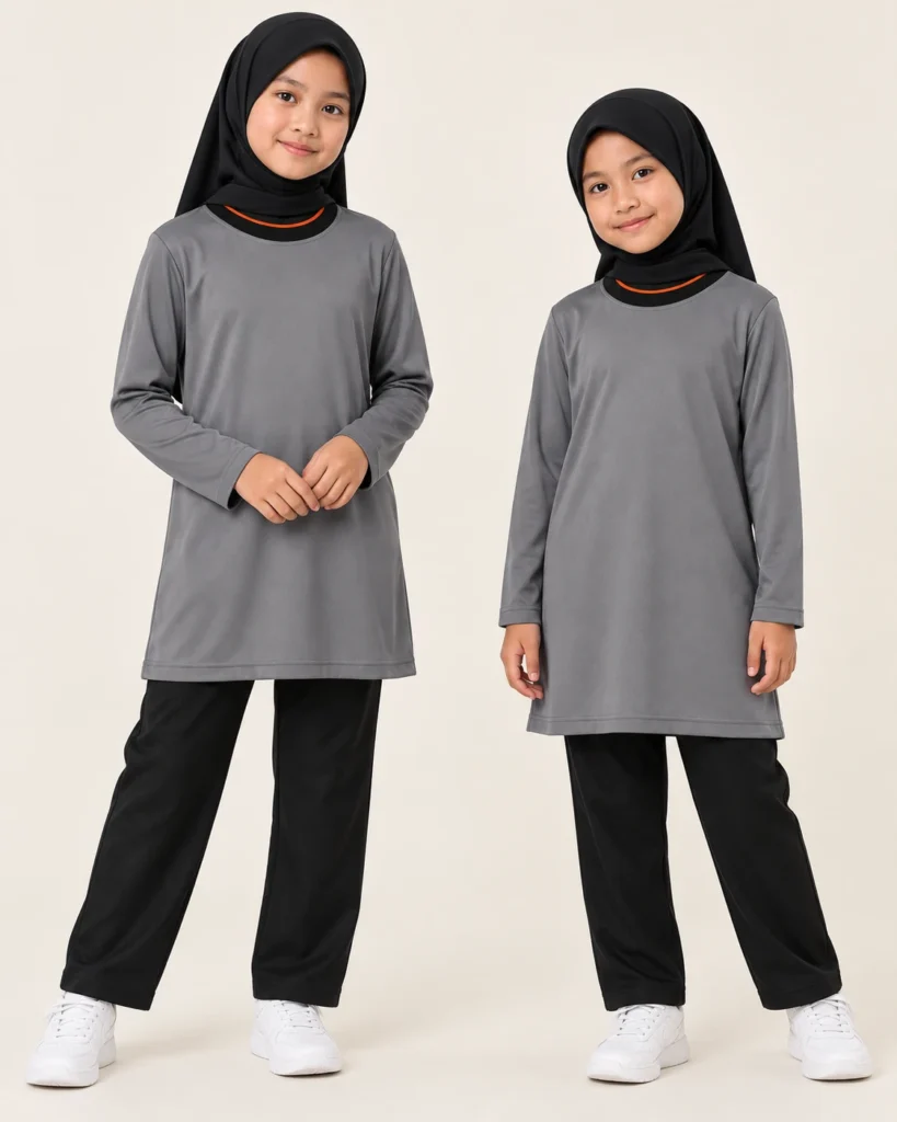 Kids Roundneck Muslimah Basic — Roundneck, Muslimah, Standard finish. AI illustration, not an actual sewn sample.