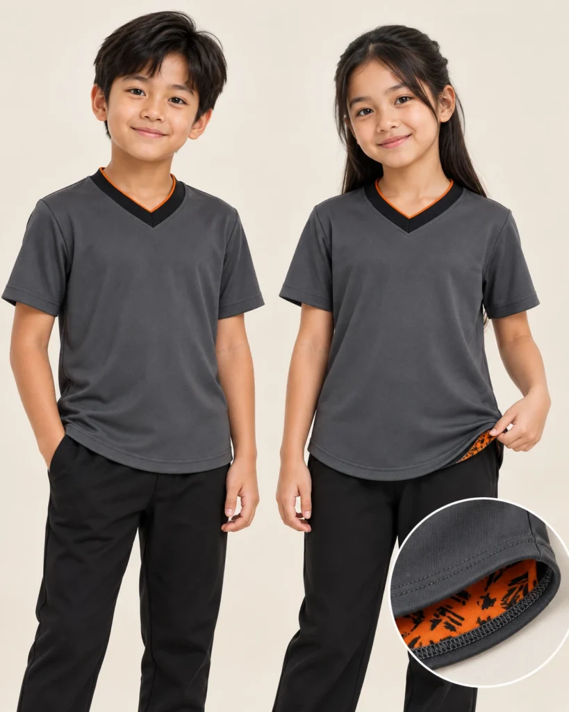 Kids Vneck Premium Hem — V-neck, Basic / standard, Premium Hem. Gambaran AI, bukan sampel jahitan sebenar.