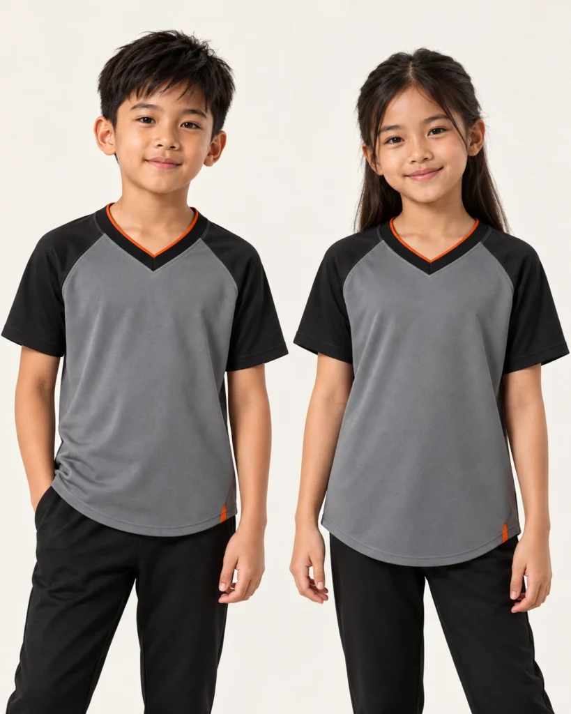 Kids Vneck Raglan Curve Hem — V-neck, Raglan, Curve Hem. Gambaran AI, bukan sampel jahitan sebenar.