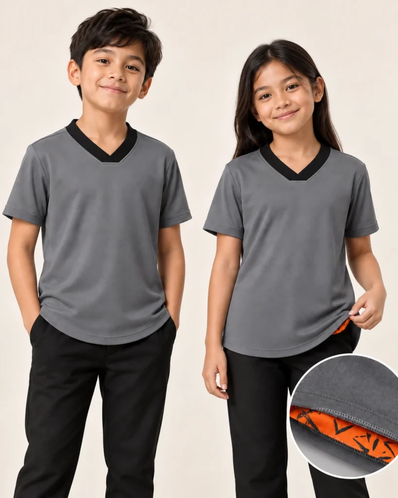 Kids Vneck Flat Premium Hem — V-neck Flat, Basic / standard, Premium Hem. Gambaran AI, bukan sampel jahitan sebenar.