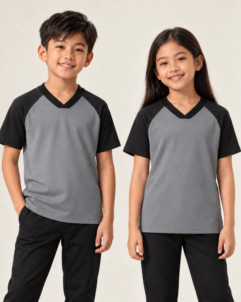 Kids Vneck Flat Raglan Basic — V-neck Flat, Raglan, Kemasan standard. Gambaran AI, bukan sampel jahitan sebenar.