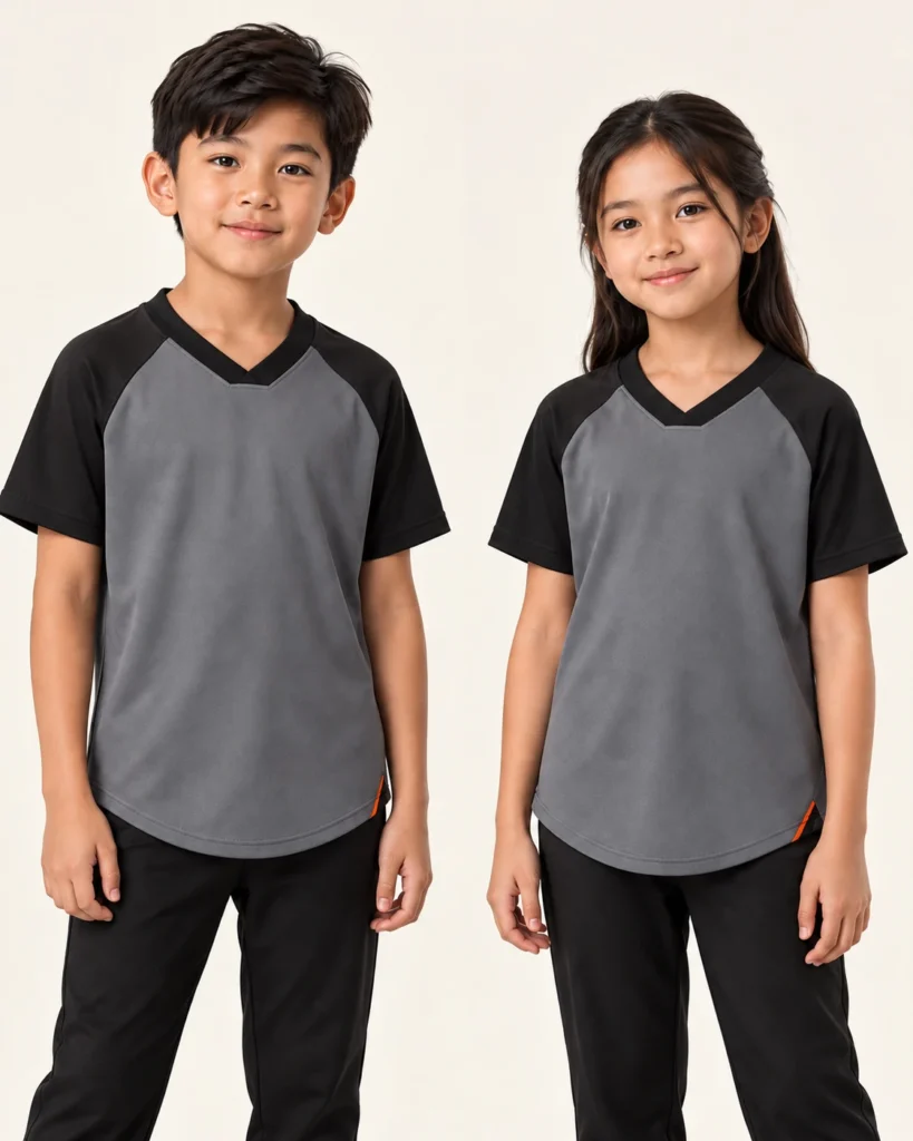 Kids Vneck Flat Raglan Curve Hem — V-neck Flat, Raglan, Curve Hem. AI illustration, not an actual sewn sample.