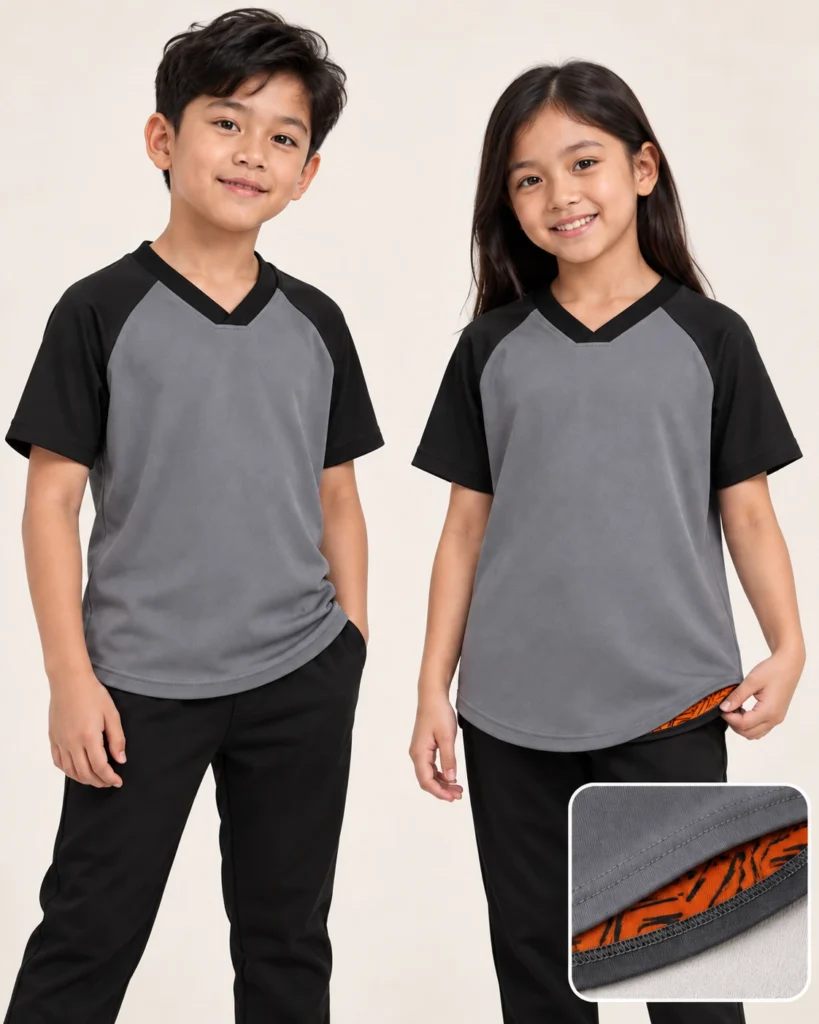 Kids Vneck Flat Raglan Premium Hem — V-neck Flat, Raglan, Premium Hem. Gambaran AI, bukan sampel jahitan sebenar.