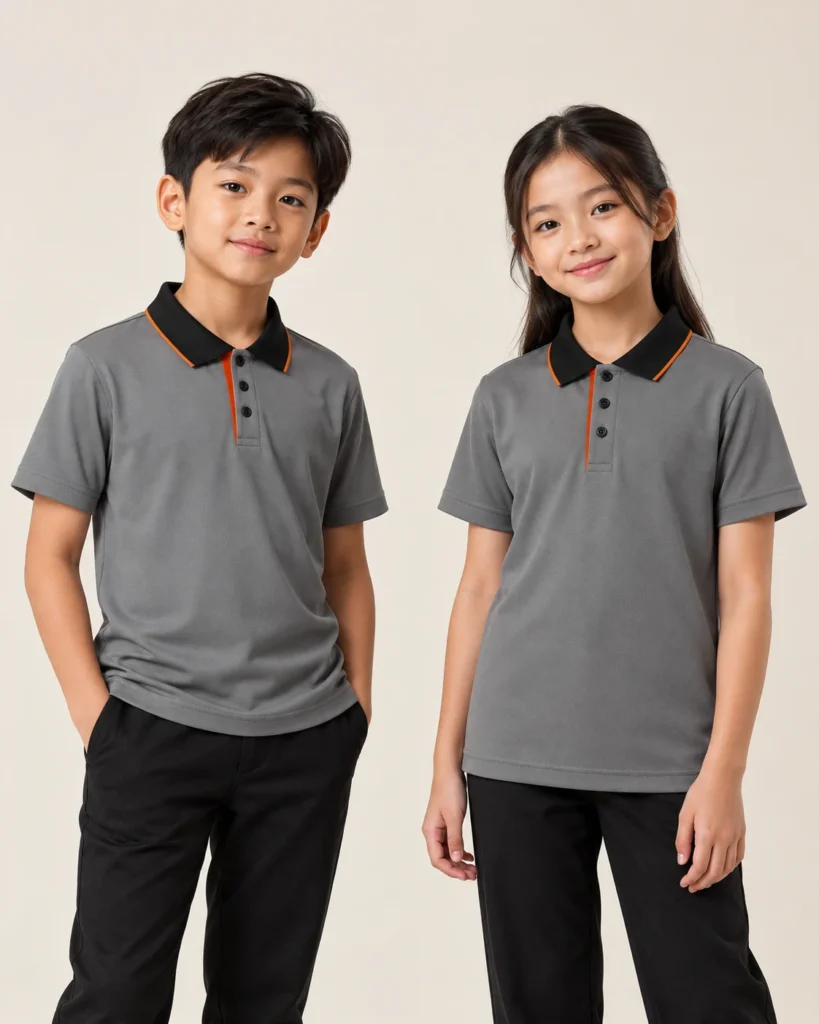 Kids Polo Basic — Polo, Basic / standard, Standard finish. AI illustration, not an actual sewn sample.