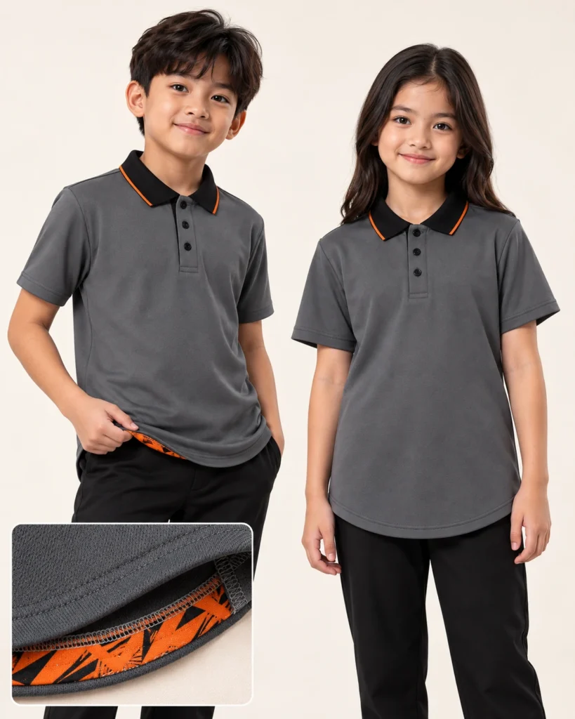 Kids Polo Premium Hem — Polo, Basic / standard, Premium Hem. Gambaran AI, bukan sampel jahitan sebenar.