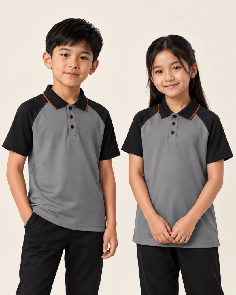 Kids Polo Raglan Basic — Polo, Raglan, Kemasan standard. Gambaran AI, bukan sampel jahitan sebenar.