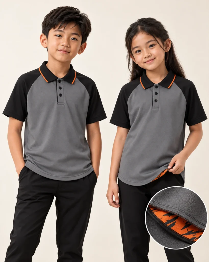 Kids Polo Raglan Premium Hem — Polo, Raglan, Premium Hem. Gambaran AI, bukan sampel jahitan sebenar.