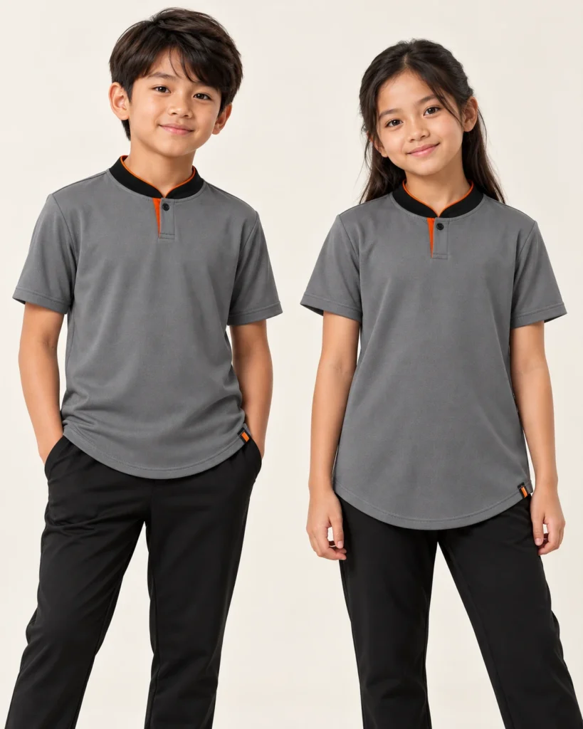 Kids Mandarin Curve Hem — Mandarin, Basic / standard, Curve Hem. Gambaran AI, bukan sampel jahitan sebenar.