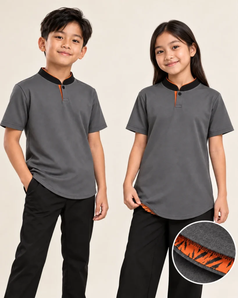 Kids Mandarin Premium Hem — Mandarin, Basic / standard, Premium Hem. Gambaran AI, bukan sampel jahitan sebenar.