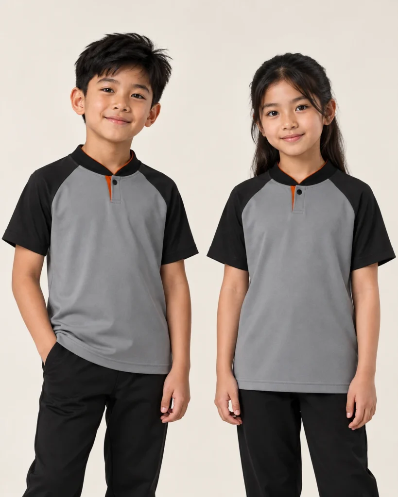 Kids Mandarin Raglan Basic — Mandarin, Raglan, Kemasan standard. Gambaran AI, bukan sampel jahitan sebenar.