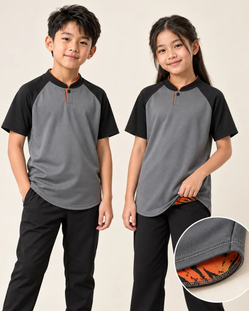 Kids Mandarin Raglan Premium Hem — Mandarin, Raglan, Premium Hem. AI illustration, not an actual sewn sample.