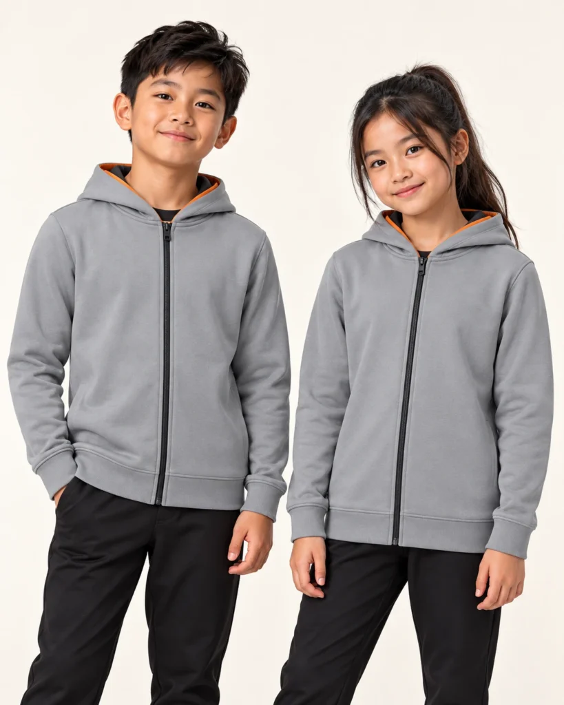 Kids Hoodie Jacket — Hood, Basic / standard, Standard finish. AI illustration, not an actual sewn sample.