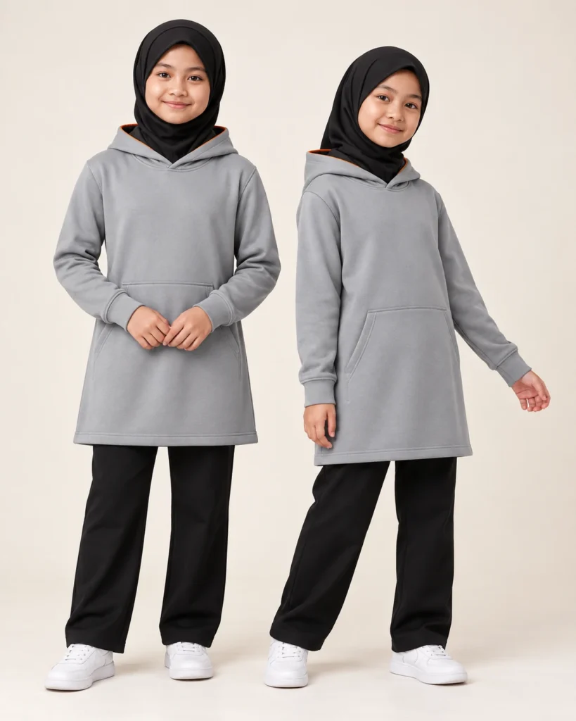 Kids Hoodie Muslimah — Hood, Muslimah, Standard finish. AI illustration, not an actual sewn sample.